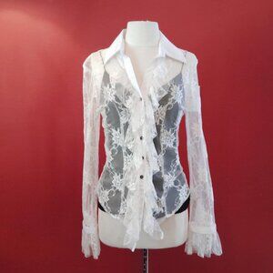 Basil & Maude Anthropologie White Sheer Lace Poet Blouse Sexy & Romantic Size S